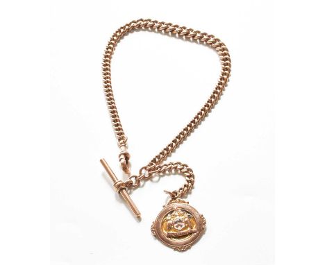 A Graduated Albert Chain, each link stamped '9' and '375', suspending a similarly stamped T-bar and a 9 carat gold medallion,