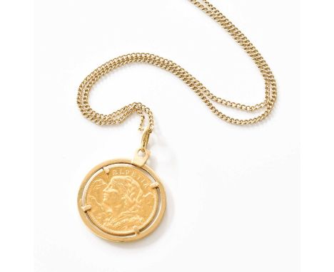 A 20 Francs Pendant on Chain, dated 1930, pendant length 3.7cm, chain length 74cmThe 20 Franc coin is 22 carat gold. Chain st