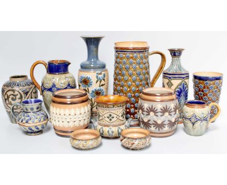 Doulton Lambeth and Royal Doulton Wares, including a Lemonade pitcher and matching beaker, circa 1870s, tobacco jars (lacking