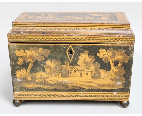 A Regency Penwork Tea Caddy, with pastoral scenes between formal borders, on brass ball feet, 19cm wide Lid slightly warped, 