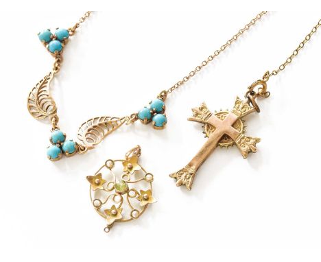 A Turquoise Necklace, stamped ‘9CT’, length 42cm; A Peridot and Split Pearl Pendant, stamped ‘9CT’, length 3.2cm; and A 9 Car