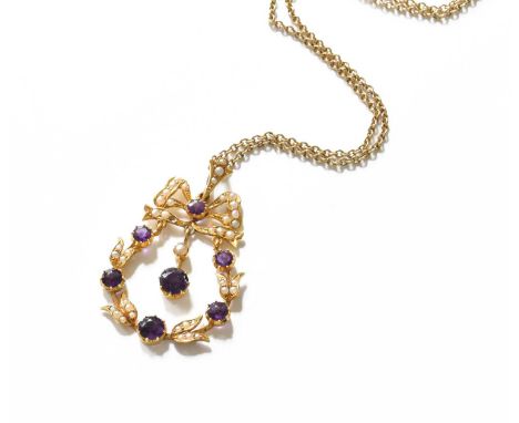 An Amethyst and Split Pearl Pendant on Chain, pendant stamped '15C' to reverse, pendant measures 4cm by 2.5cm, chain length 4