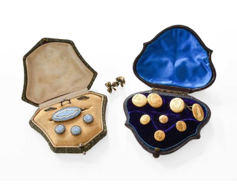 A Small Quantity of Jewellery, comprising of a pair of cufflinks and four studs, stamped '18CT', cased; three enamel buttons 