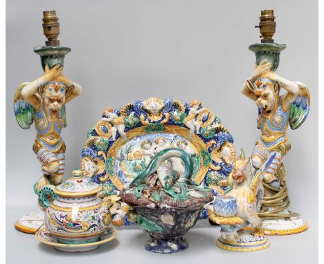 A Pair of Cantagali Faience Grotesque Figural Candlesticks mounted as table lamps, formed as winged monkeys clad in armour, 3
