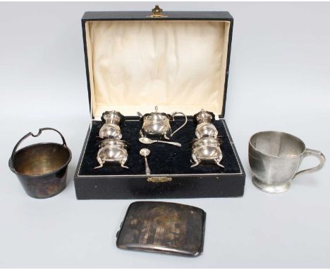 A Collection of Assorted Silver, comprising a cased condiment-set; a tapering mug; a tapering circular bowl with fixed overhe