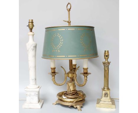 A Brass Three Light Table Lamp with Toleware Shade, a similar Corinthian column example and a variegated marble table lamp (3