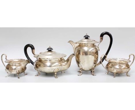 A Four-Piece George V Silver Tea-Service, by Walker and Hall, Sheffield, 1931, each piece bombe and on pad feet, comprising a