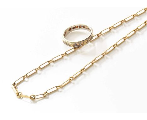 A 9 Carat Gold Chain, formed of rectangular links, length 49.5cm; An Eternity Ring, unmarked (a.f.)The chain is in good condi