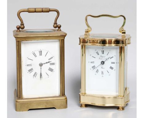 A Brass Striking Carriage Clock, circa 1900, 16.5cm high over handle, together with a brass carriage timepiece, 20th century,
