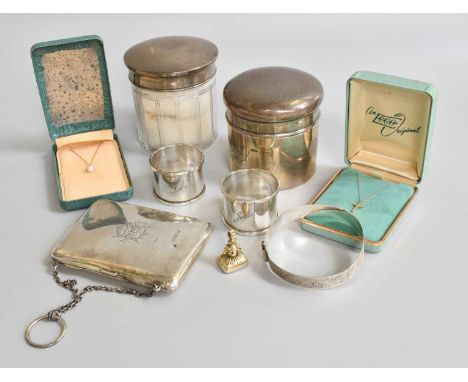 A Collection of Assorted Silver and Other Items, comprising a powder jar and cover, a silver topped glass powder jar, two nap
