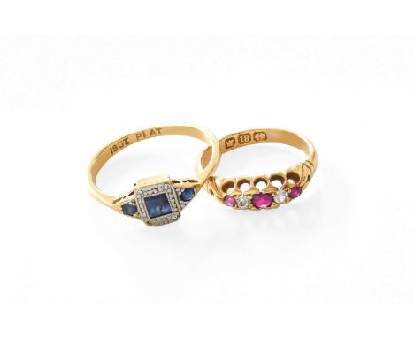 An 18 Carat Gold Ruby and Diamond Five Stone Ring, finger size J; and A Sapphire and Diamond Ring, stamped ‘18CT’ and ‘PLAT’,