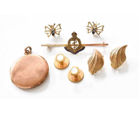 Two Pairs of 9 Carat Gold Earrings; A Royal Army Medical Corps Brooch, stamped '9CT', length 5.1cm; A Locket, stamped '9C'; a