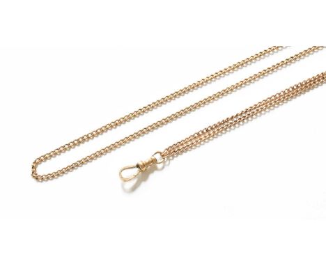 A Muff Chain, clasp stamped ‘9CT’, length 132cmGross weight 14.6 grams.