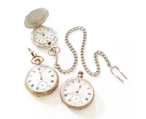 A 9 Carat Gold Pocket Watch, A Gold Plated Pocket Watch and A Nickel Plated Pocket Watch, with attached white metal chain