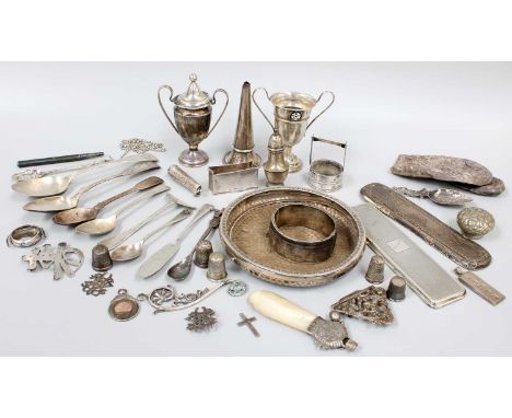 A Collection of Assorted Silver, including two small trophy-cups; a bangle; items of flatware and other items (qty)