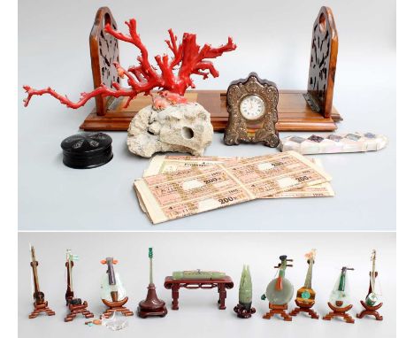 A Collection of Modern Oriental Jade Carvings, formed as musical instruments, embellished with malachite, coral, tigers eye a