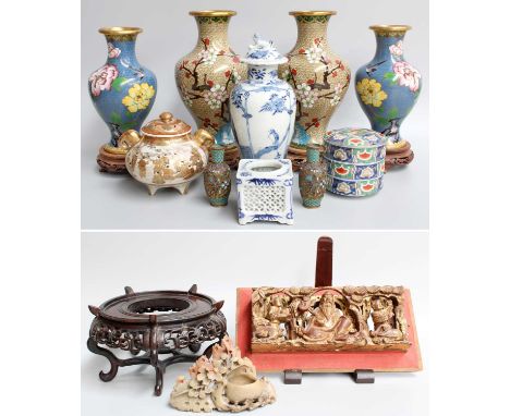 Quantity of Asian Art, including a Chinese porcelain vase and cover, Kangxi mark but 19th century, a Satsuma koro, two pairs 