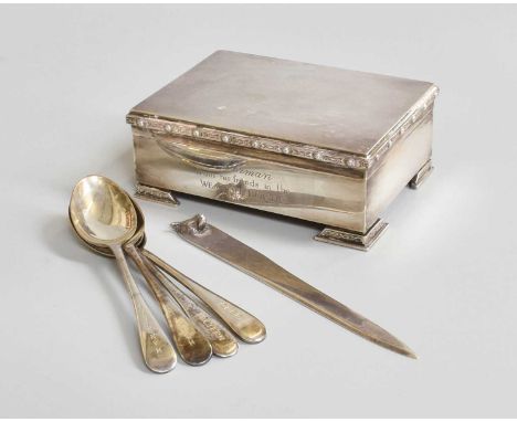 An Elizabeth II Silver Cigarette Box, engraved From the Weardale Beagles, A Silver Paper Knife, with fox finial, and Four Spo