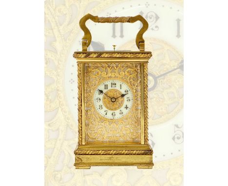 A Brass Strike and Repeat Carriage Clock, circa 1900, twin barrel movement with a silvered platform lever escapement and stri