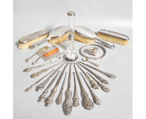 A Collection of Assorted Silver, including various dressing-table items; various button-hooks; a cigarette-case and other ite