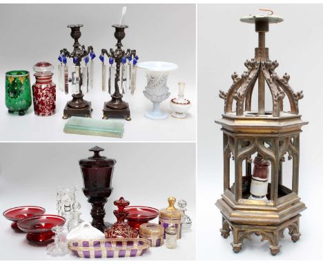 19th Century and Later Glass, including a bohemian ruby vase and cover, similar scent bottle, and gilded amythest dressing ta