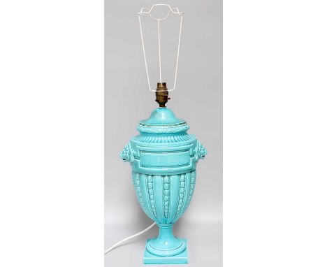 A Gien Majolica Classical Style Urn and Cover mounted as a table lamp, turquoise glaze and with lion masks, printed mark, 42c