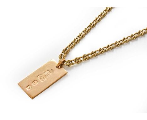 A 9 Carat Gold Ingot on A 9 Carat Gold Fancy Link Chain, pendant length 4.5cm, chain length 41cmGross weight 36.5 grams.