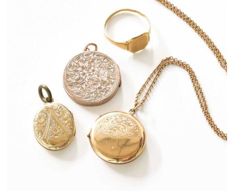 A 9 Carat Gold Locket on Chain, with applied plaque stamped ‘9C’; An 18 Carat Gold Signet Ring, out of shape; together with T