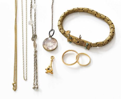 A Quantity of Jewellery, including two band rings, marks rubbed; six lockets (a.f.), various chains; a split pearl and enamel