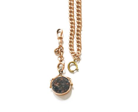 A Watch Chain, stamped ‘9’ and ‘.375’, suspending a hardstone swivel fob (a.f.), with replacement gilt metal bolt ringGross w