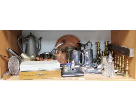 A Collection of Assorted Silver Plate, Brass and Copper, including candlesticks, coffee-pot, hot-water jug, tea-canister, fla