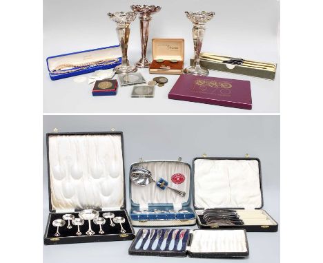 A Pair of Pierced Silver Spill Vases, Cased and Boxed Flatware, Costume Jewellery and A Small Assortment of Coins, including: