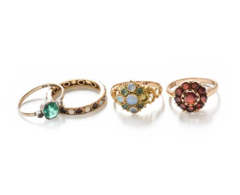 A 9 Carat Gold Garnet Cluster Ring, finger size N; An Opal and Garnet Eternity Ring, unmarked, finger size S (a.f.); A 15 Car