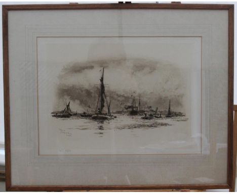 WL Wyllie Signed Lithograph "Showery Day Greenwich Reach". Signed in pencil by Wyllie. Framed and glazed