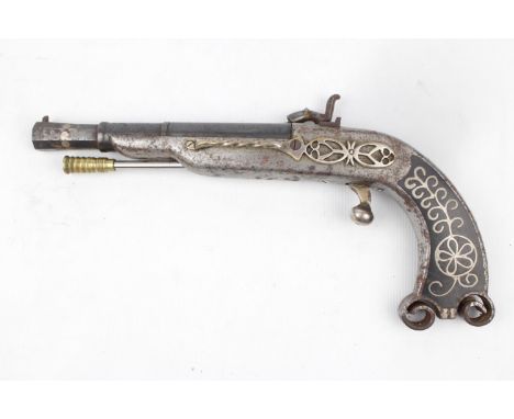 Interesting R Dunn &amp; Son metal bodied percussion pistol with brass handled ram rod, engraved W Golden, 32cm in Length 