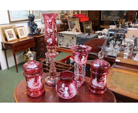 Collection of 20thC Cranberry Mary Gregory style glassware to include 2 Biscuit barrels with lids, Water Ewer, Flare Epergne 