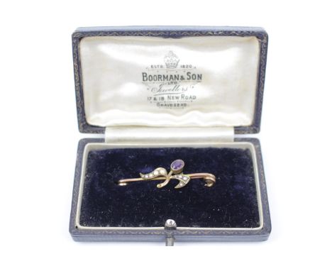 Edwardian 9ct Amethyst and Pearl bar brooch 2g total weight in Vintage case 