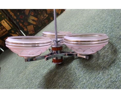 Art Deco 3 Branch Ceiling light fitting with Chrome stem and supports 