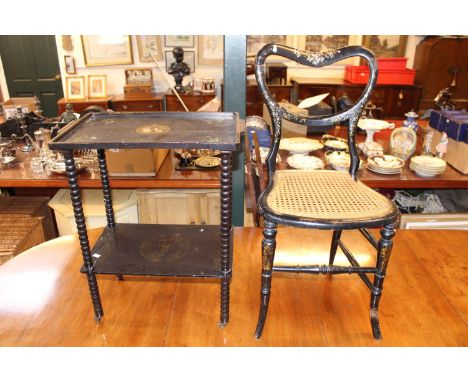 Ebonised 2 tier tea stand with under tier and a Mother of pearl inlaid bedroom chair with cane seat 
