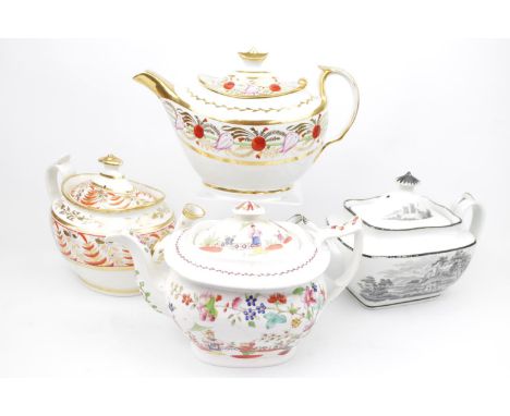 8 Early English 19thC Teapots, some with stands inc Chamberlains Worcester, John Rose Coalport, Back printed examples etc 