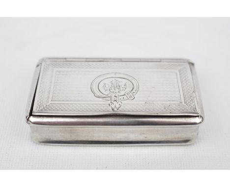 19thC continental engine turned and engraved snuff box with hinged lid, 7.5cm in Width. 59g total weight 
