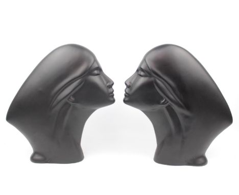 Pair of Art Deco Style Ceramics Matt Black glazed busts 26cm in Height 