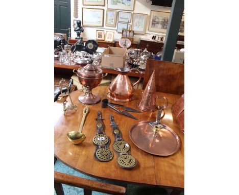 Collection of Antique Brass and Copperware inc. Samovar, Soup Ladle, Horse Brasses, Shooting Stick etc 