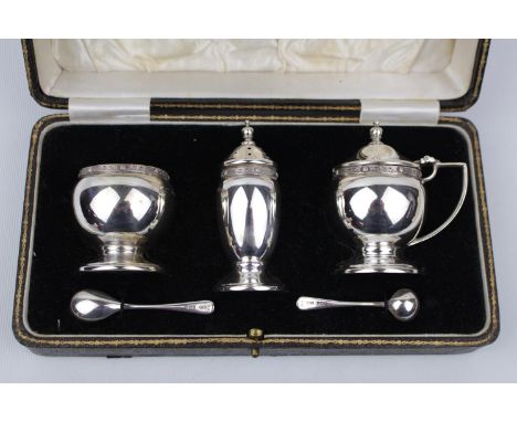George V Boxed Silver 3 Piece Cruet set of Celtic rim design by Ernest W Haywood, Birmingham 1936 