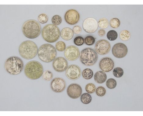 Small collection of Pre-1920/Victorian and Georgian GB silver content coins to inc. 1856 Shilling, 1887 Shilling, 1837 Shilli