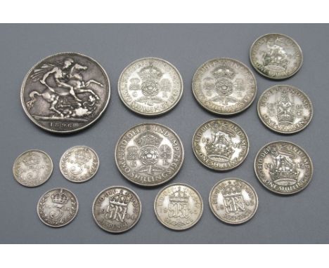 1896 crown and 3 Pre-1920 three pences (gross 1ozt) and a collection of Post-1920/Pre-1947 GB silver content coins (2ozt)Ship