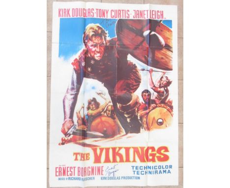 The Vikings movie poster, 104.5cm x 73.5cm , signed by Tony Curtis and Ernest BorgnineShipping POA https://www.bradleys.ltd/q