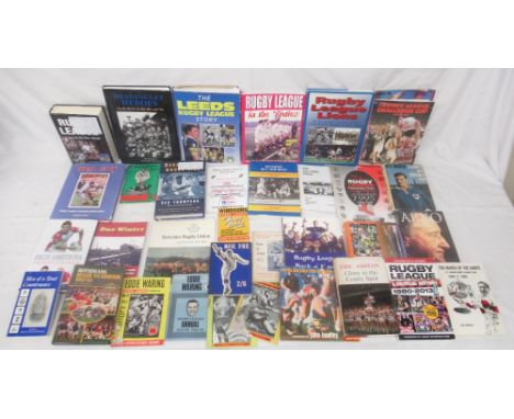 Collection of Rugby League & Union books, majority signed/signatures glued in, covering clubs, players, Leeds RLFC, etc., som