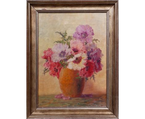 Max Streckenbach (1863, Eckernförde - 1936, ebda.) Blumenstillleben mit bunten Mohnblumen in einer Vase, Öl auf Leinwand, u. 