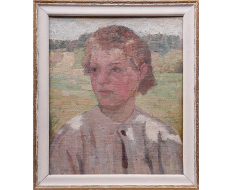 Julius Gerstmann (1875, Liegnitz - ?) Porträt einer jungen Frau vor Landschaft, Öl auf Malpappe/Leinwand, u.l. sign. "J. Gers